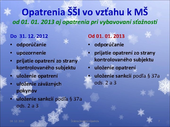 Opatrenia ŠŠI vo vzťahu k MŠ od 01. 2013 aj opatrenia pri vybavovaní sťažností