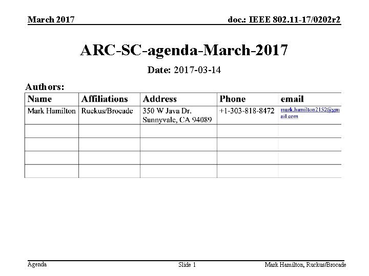 March 2017 doc. : IEEE 802. 11 -17/0202 r 2 ARC-SC-agenda-March-2017 Date: 2017 -03