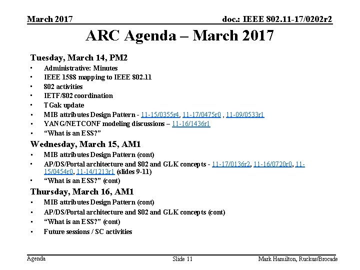 March 2017 doc. : IEEE 802. 11 -17/0202 r 2 ARC Agenda – March