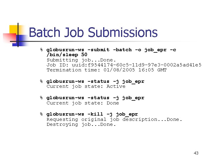 Batch Job Submissions % globusrun-ws -submit -batch -o job_epr -c /bin/sleep 50 Submitting job.