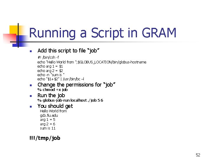Running a Script in GRAM n Add this script to file “job” #! /bin/csh