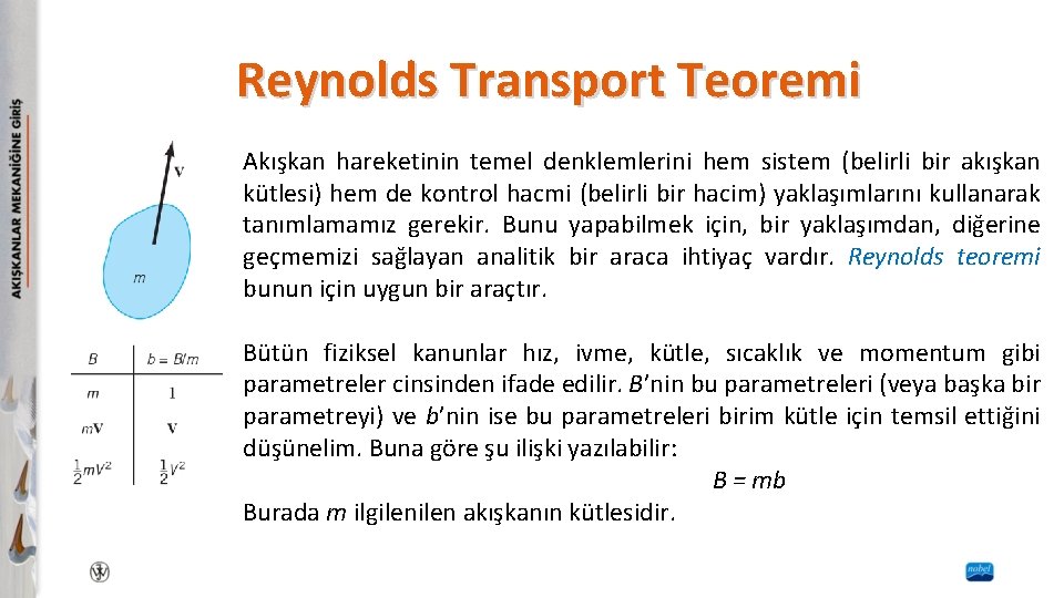 Reynolds Transport Teoremi Akışkan hareketinin temel denklemlerini hem sistem (belirli bir akışkan kütlesi) hem