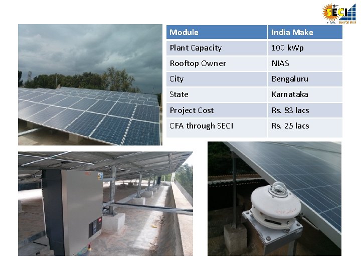 Module India Make Plant Capacity 100 k. Wp Rooftop Owner NIAS City Bengaluru State