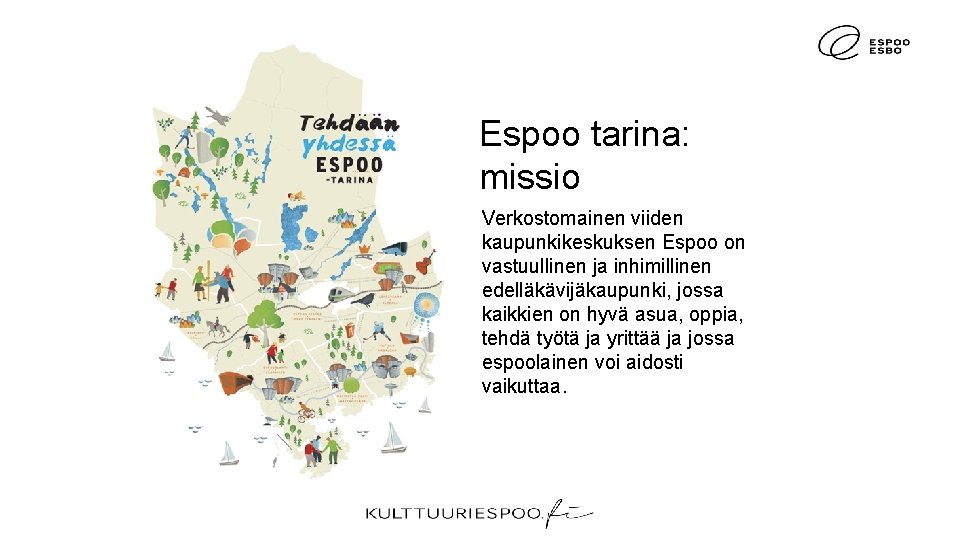 Espoo tarina: missio Verkostomainen viiden kaupunkikeskuksen Espoo on vastuullinen ja inhimillinen edelläkävijäkaupunki, jossa kaikkien