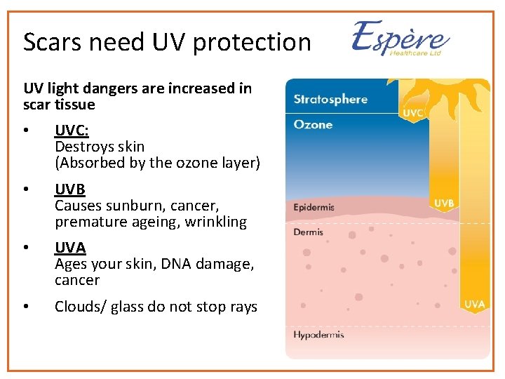 Scars need UV protection UV light dangers are increased in scar tissue • UVC: