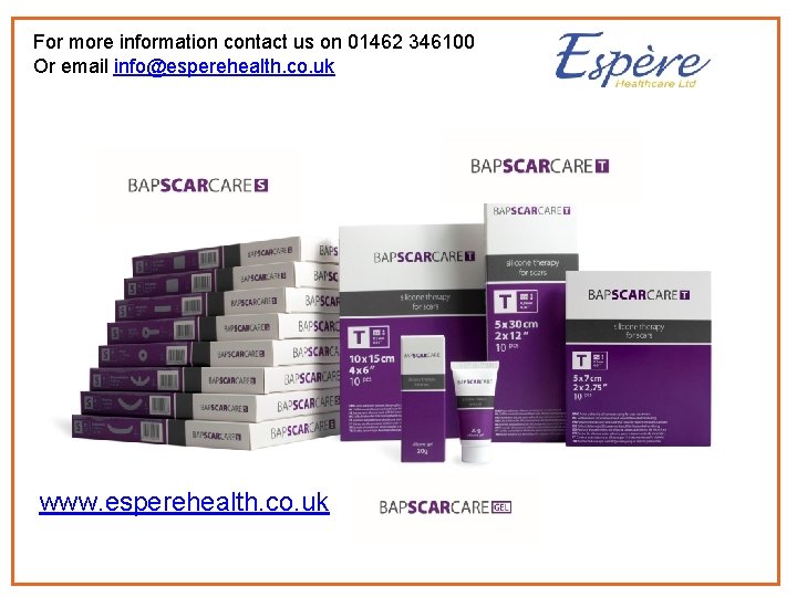 For more information contact us on 01462 346100 Or email info@esperehealth. co. uk www.