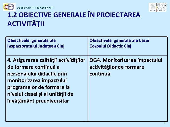 CASA CORPULUI DIDACTIC CLUJ 1. 2 OBIECTIVE GENERALE ÎN PROIECTAREA ACTIVITĂŢII Obiectivele generale Inspectoratului