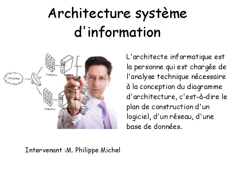 Architecture système d'information L'architecte informatique est la personne qui est chargée de l'analyse technique