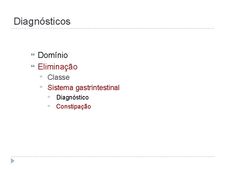 Diagnósticos Domínio Eliminação Classe Sistema gastrintestinal Diagnóstico Constipação 