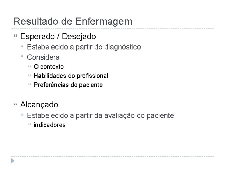 Resultado de Enfermagem Esperado / Desejado Estabelecido a partir do diagnóstico Considera O contexto