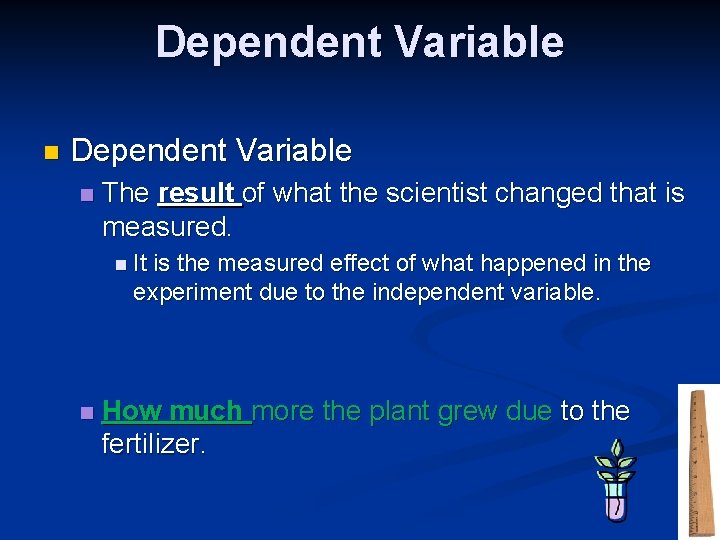 Dependent Variable n The result of what the scientist changed that is measured. n