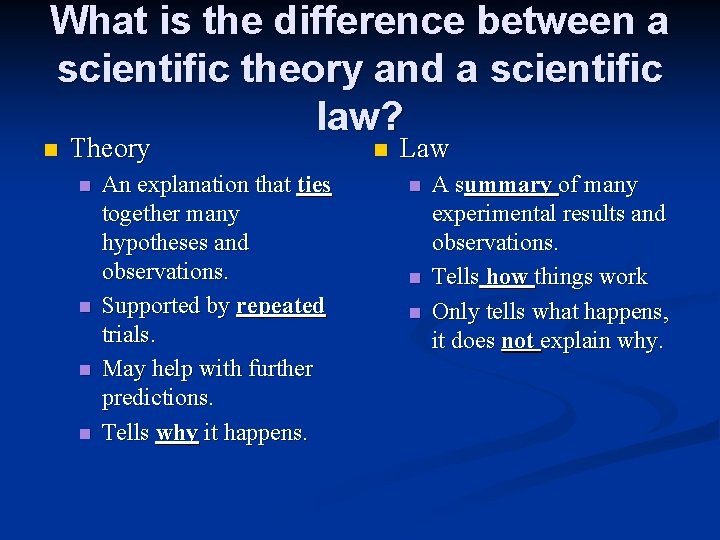 What is the difference between a scientific theory and a scientific law? n Theory