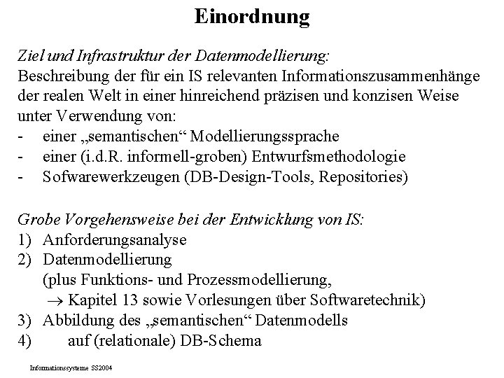 Einordnung Ziel und Infrastruktur der Datenmodellierung: Beschreibung der für ein IS relevanten Informationszusammenhänge der Einordnung Ziel und Infrastruktur der Datenmodellierung: Beschreibung der für ein IS relevanten Informationszusammenhänge der