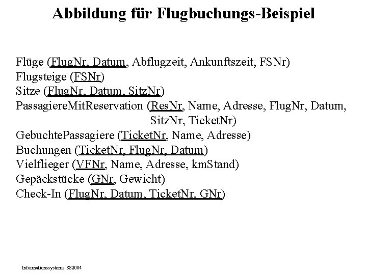 Abbildung für Flugbuchungs-Beispiel Flüge (Flug. Nr, Datum, Abflugzeit, Ankunftszeit, FSNr) Flugsteige (FSNr) Sitze (Flug. Abbildung für Flugbuchungs-Beispiel Flüge (Flug. Nr, Datum, Abflugzeit, Ankunftszeit, FSNr) Flugsteige (FSNr) Sitze (Flug.