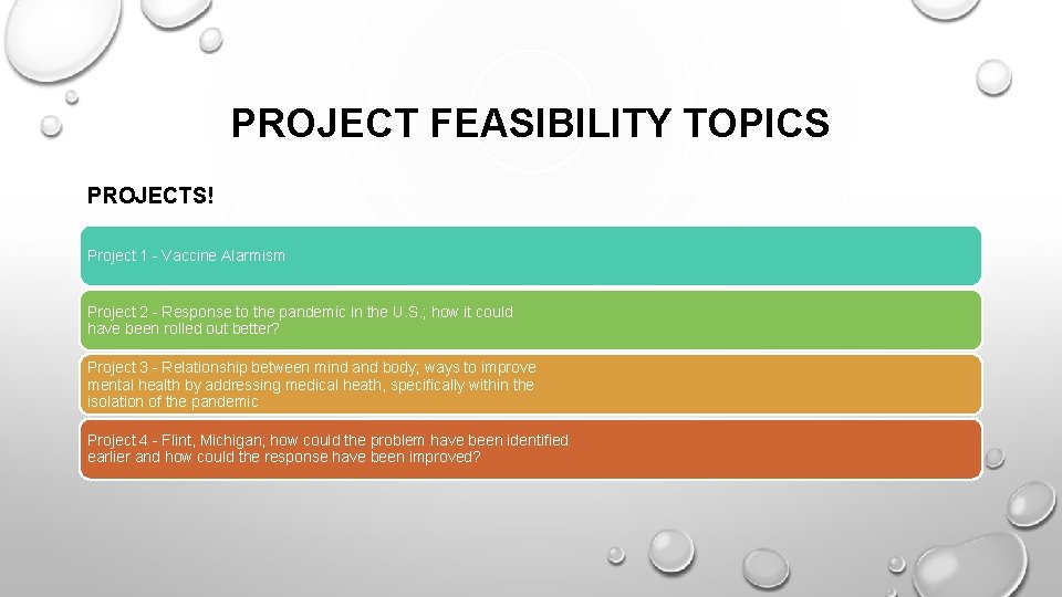 PROJECT FEASIBILITY TOPICS PROJECTS! Project 1 - Vaccine Alarmism Project 2 - Response to
