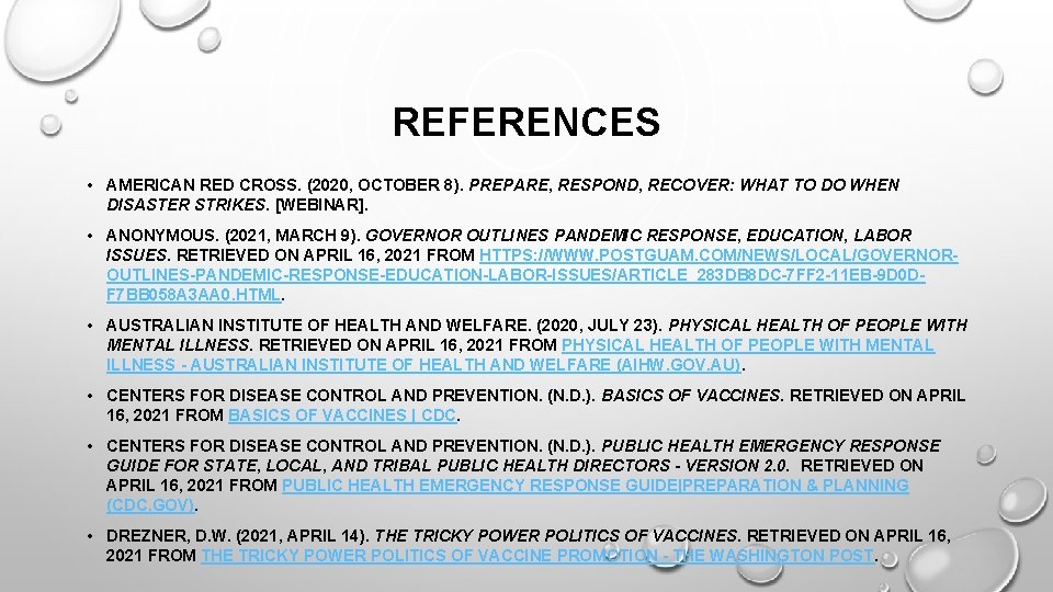 REFERENCES • AMERICAN RED CROSS. (2020, OCTOBER 8). PREPARE, RESPOND, RECOVER: WHAT TO DO