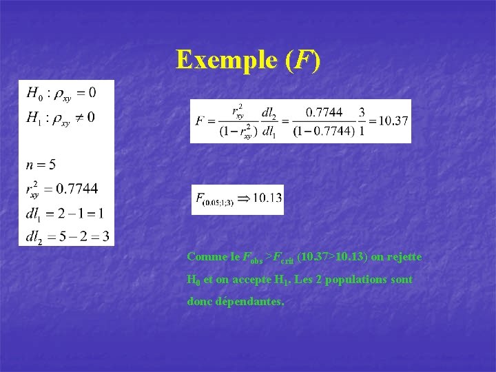Exemple (F) Comme le Fobs >Fcrit (10. 37>10. 13) on rejette H 0 et