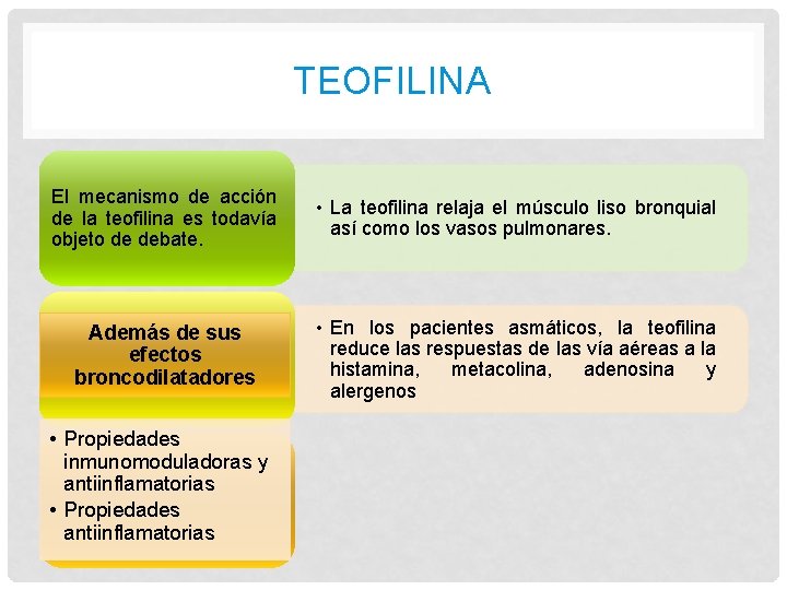 TEOFILINA El mecanismo de acción de la teofilina es todavía objeto de debate. • TEOFILINA El mecanismo de acción de la teofilina es todavía objeto de debate. •