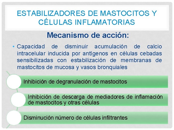 ESTABILIZADORES DE MASTOCITOS Y CÉLULAS INFLAMATORIAS Mecanismo de acción: • Capacidad de disminuir acumulación ESTABILIZADORES DE MASTOCITOS Y CÉLULAS INFLAMATORIAS Mecanismo de acción: • Capacidad de disminuir acumulación