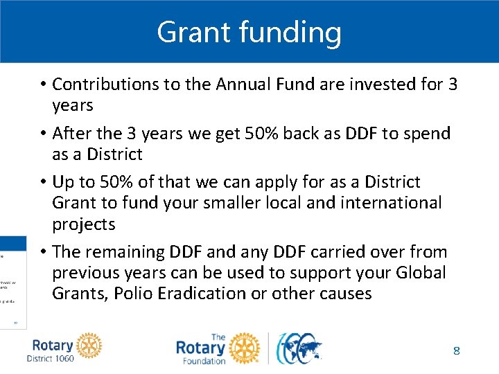 Grant funding • Contributions to the Annual Fund are invested for 3 years •
