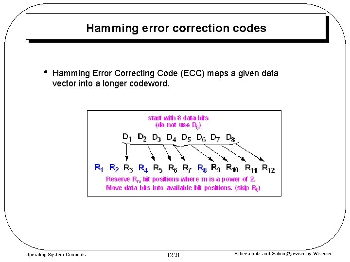 Hamming error correction codes • Hamming Error Correcting Code (ECC) maps a given data