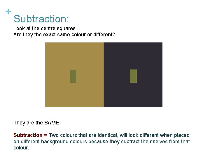+ Subtraction: Look at the centre squares… Are they the exact same colour or
