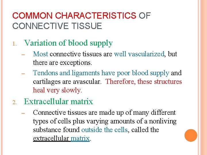COMMON CHARACTERISTICS OF CONNECTIVE TISSUE 1. Variation of blood supply – – 2. Most