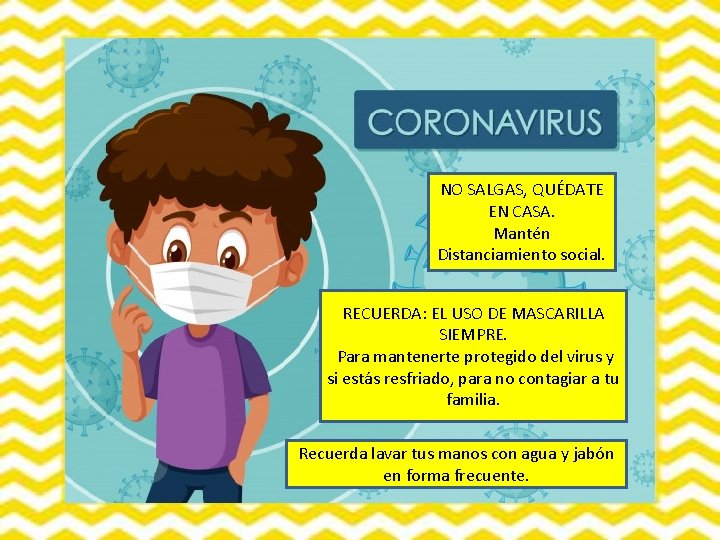 NO SALGAS, QUÉDATE EN CASA. Mantén Distanciamiento social. RECUERDA: EL USO DE MASCARILLA SIEMPRE.