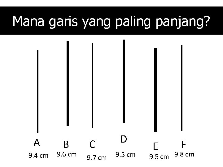 Mana garis yang paling panjang? A 9. 4 cm B 9. 6 cm C