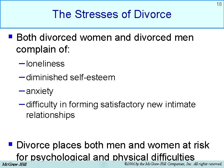 18 The Stresses of Divorce § Both divorced women and divorced men complain of: 18 The Stresses of Divorce § Both divorced women and divorced men complain of: