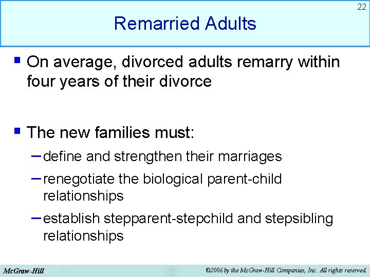22 Remarried Adults § On average, divorced adults remarry within four years of their 22 Remarried Adults § On average, divorced adults remarry within four years of their