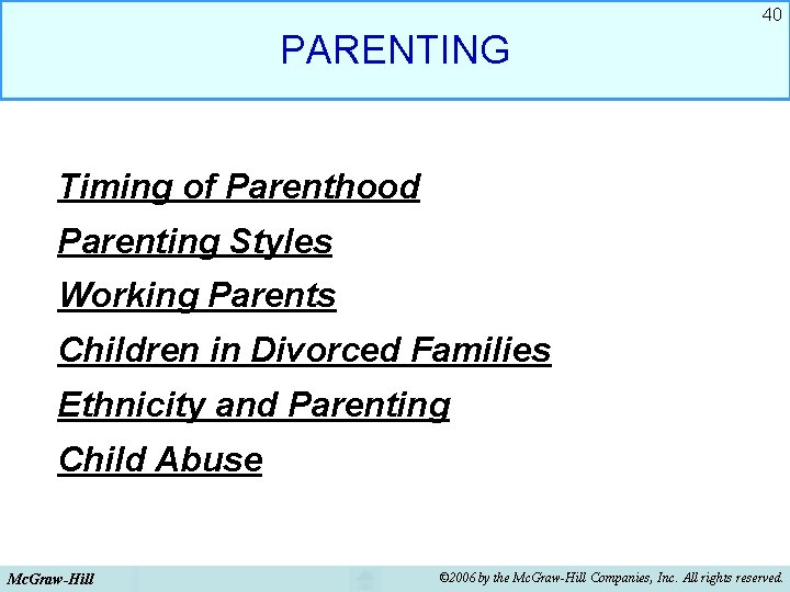 40 PARENTING Timing of Parenthood Parenting Styles Working Parents Children in Divorced Families Ethnicity 40 PARENTING Timing of Parenthood Parenting Styles Working Parents Children in Divorced Families Ethnicity