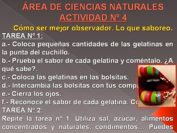 ÁREA DE CIENCIAS NATURALES ACTIVIDAD Nº 4 Cómo ser mejor observador. Lo que saboreo.