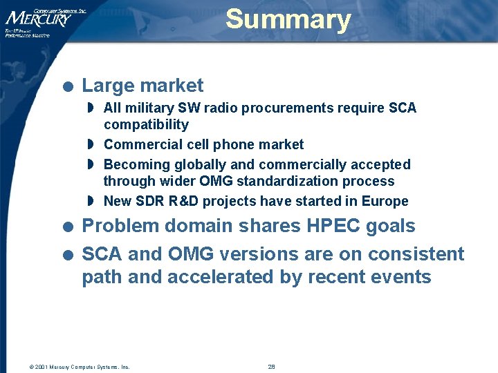 Summary l Large market w All military SW radio procurements require SCA compatibility w Summary l Large market w All military SW radio procurements require SCA compatibility w
