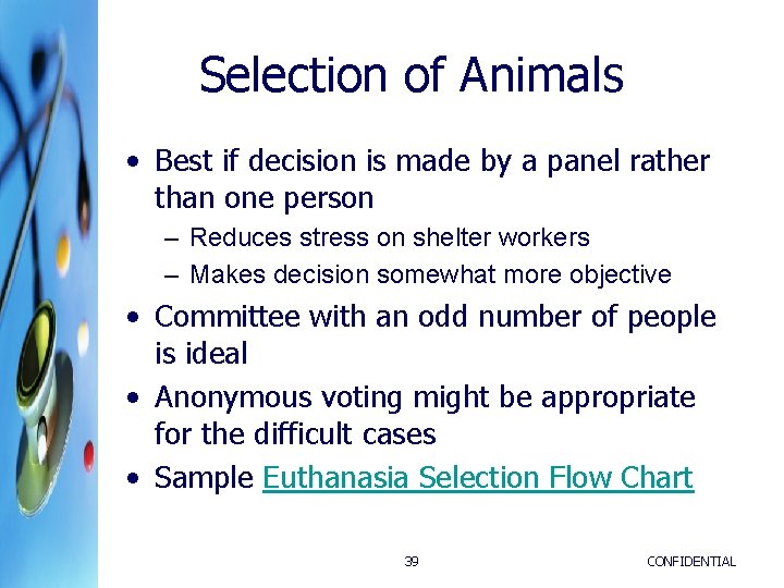 Selection of Animals • Best if decision is made by a panel rather than Selection of Animals • Best if decision is made by a panel rather than