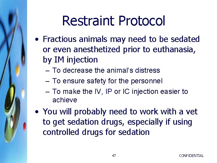 Restraint Protocol • Fractious animals may need to be sedated or even anesthetized prior Restraint Protocol • Fractious animals may need to be sedated or even anesthetized prior