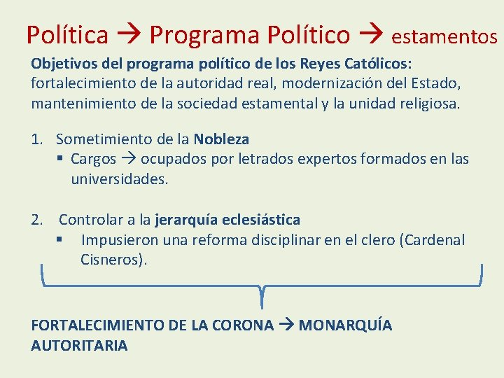 Política Programa Político estamentos Objetivos del programa político de los Reyes Católicos: fortalecimiento de