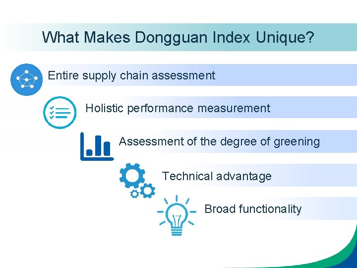 What Makes Dongguan Index Unique? Entire supply chain assessment Holistic performance measurement Assessment of