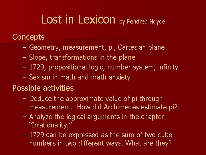Lost in Lexicon by Pendred Noyce Concepts – – Geometry, measurement, pi, Cartesian plane
