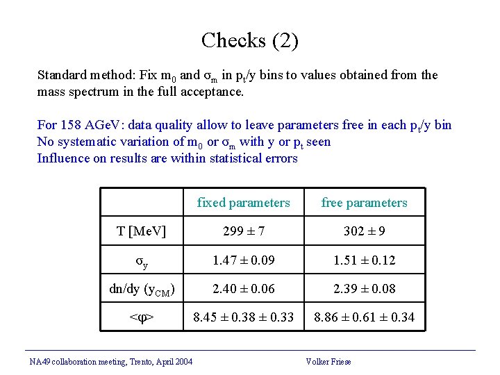 Checks (2) Standard method: Fix m 0 and σm in pt/y bins to values