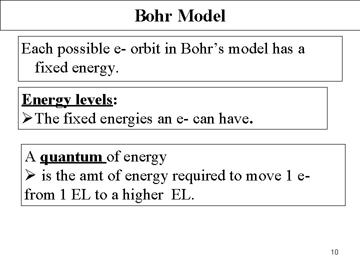 Bohr Model Each possible e- orbit in Bohr’s model has a fixed energy. Energy