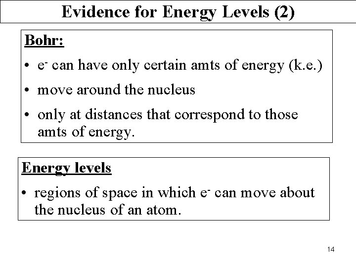 Evidence for Energy Levels (2) Bohr: • e- can have only certain amts of
