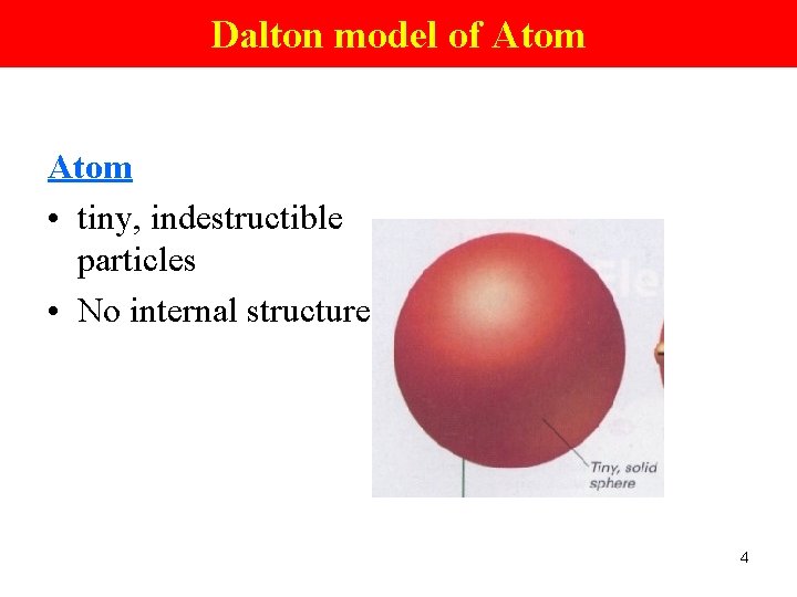 Dalton model of Atom • tiny, indestructible particles • No internal structure 4 