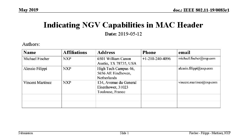 May 2019 doc. : IEEE 802. 11 -19/0083 r 1 Indicating NGV Capabilities in