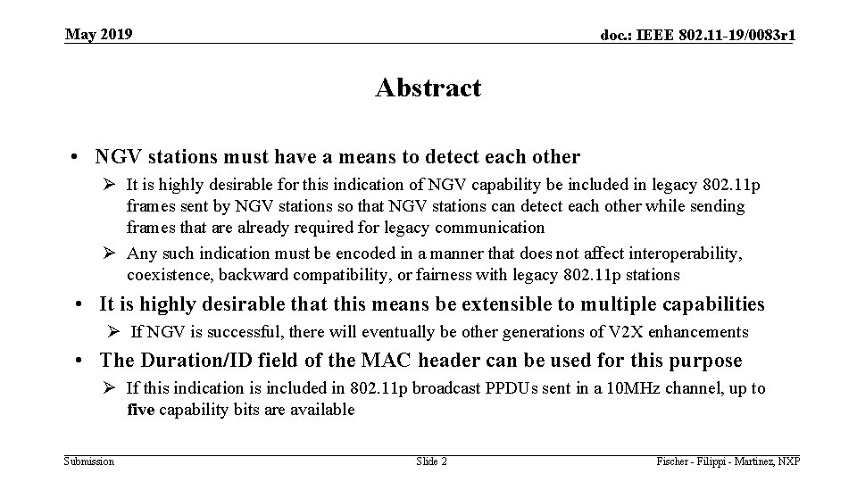 May 2019 doc. : IEEE 802. 11 -19/0083 r 1 Abstract • NGV stations