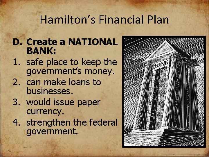 Hamilton’s Financial Plan D. Create a NATIONAL BANK: 1. safe place to keep the