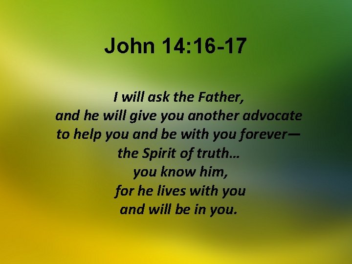 John 14: 16 -17 I will ask the Father, and he will give you