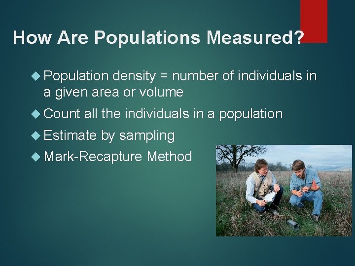 How Are Populations Measured? Population density = number of individuals in a given area