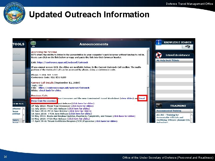 Defense Travel Management Office Updated Outreach Information 16 Office of the Under Secretary of