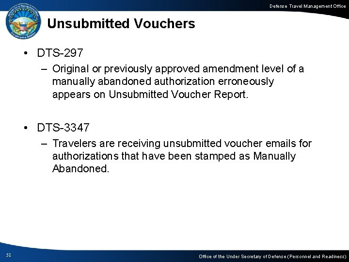 Defense Travel Management Office Unsubmitted Vouchers • DTS-297 – Original or previously approved amendment